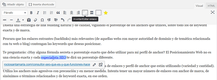 Insertar enlace en WordPress anchor text wordpress
